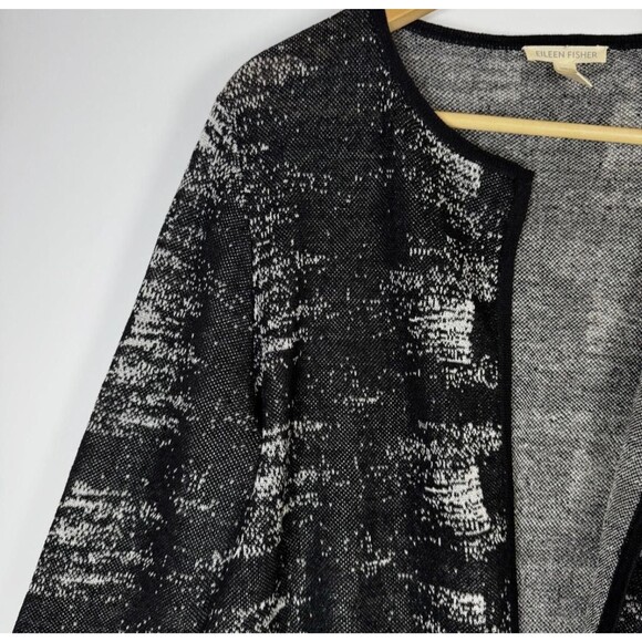 Eileen Fisher Cardigan Sweater Small Black White Organic Linen Blend Open Front - Picture 3 of 11